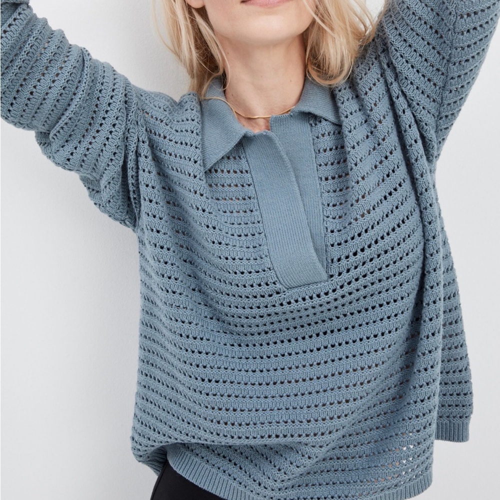 NWT Haven Well Within Blue Open Stitch Polo Collar Sweater Size M
